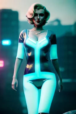 Realistic press image, retro sci-fi, portrait, blonde woman, sweet Marylin Monroe face, perfect iris, glow eyes. tight latex tights suit. Retro Futuristic city, cars flying. epic style, vibrant color, highly detailed, unreal engine 5, ray tracing, RTX, lumen lighting, ultra detail, volumetric lighting, 3d, finely drawn, high definition, high resolution.