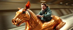 motion blur, close up, portrait of hippie Elon Musk riding an awesome spaceship in copper, fast one in the shape of a horse pig eel snake is half horse half pig, now its gonna do an awesome gig , bokeh like f/0.8, tilt-shift lens 8k, high detail, smooth render, down-light, unreal engine, prize winning