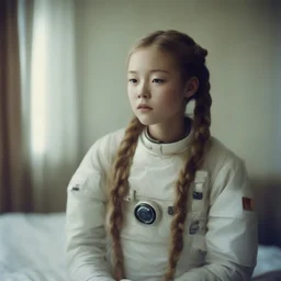 Old autochrome of devon aoki , astronaut, braids, ,,in a bedroom,