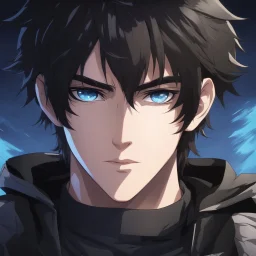 (masterpiece), (anime style), award winning, close up, centered, headshot, looking toward camera, messy black hair, young man, blue eyes, modern, dynamic lighting, ultra detailed, (epic composition, epic proportion), professional work, black clothes