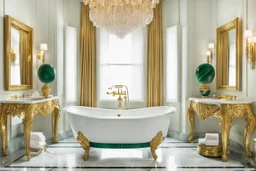 Malachite bathroom with a white marble bathtub on gold baroque legs, a marble sink with a gold vase faucet, and a gold-framed oval mirror with a gold towel holder, in an eccentric, luxurious style, high fetailed, cinematic