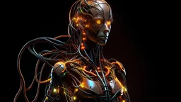 Ultra high quality an android woman made of cables and smoked background elemental flames lightning lights luminance colourful futuristic steampunk cyberpunk style