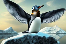 penguin flying in the sky with his two wings