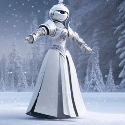 smooth hyper realistic, beautiful Japanese snow knight robot in crown, pale colors, dark cosmos background, extremely sharp detail, finely tuned detail, ultra high definition, 8 k, unreal engine 5, ultra sharp focus, accurate sword wings, positive smile, lot of details, fit within portrait, Ambiance winter, perfect composition, perfect hair, perfect hands, finger up gestures