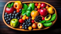 Set of summer fruits and berries in wooden serving.