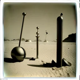 Odd spindle-shaped objects scattered over an arid surface, nothingness, polaroid, in Yves Tanguy style