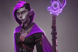 a black and purple, female argonian artificer who uses Tesla coils, skinny, wearing little armor and a cloak, in her lab