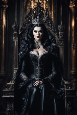 Photography Horror Art of The majestic Dark Evil Queen Vampire sits on his throne, in darkness palace background , close-up portrait