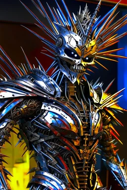 A seemingly sinister humanoid being made entirely of sharpened metal blades and spikes. Photograph.