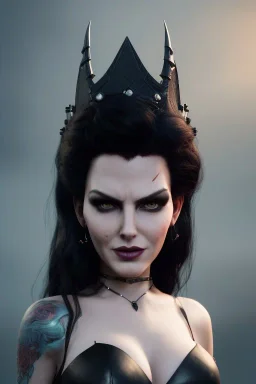 Amy Dumas as evil queen in black leather, leather, busty, cleavage, angry, rage, stern look. character design by cory loftis, fenghua zhong, ryohei hase, ismail inceoglu and ruan jia. unreal engine 5, artistic lighting, highly detailed, photorealistic, fantasy