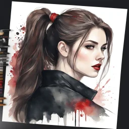 A portrait headshot of a confident looking young woman with pale skin, red eyes, and long brown hair pulled into a ponytail in a dark modern setting with intricate details. She is wearing black and red casual clothes, an air of malevolent power surrounds her. watercolor splash art