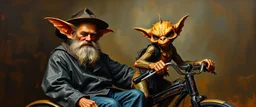 master oil painting by Rembrandt, trike man, gremlin orange
