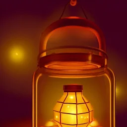 glowing fireflies in a lantern, many ghostly lights inside a belljar, fairy lights, polaroid, symmetry, bioluminescence, luminescent glow, moody, tender, photorealistic, octane render, golden hour,MTG,digital painting,