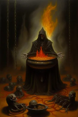 Living cauldron, slightly demonic, prize winning oil painting