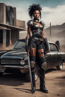 Post-apocalyptic, beautiful african american female warrior with spiked armor holding a sword standing in front of a 1960s matte black Lincoln car