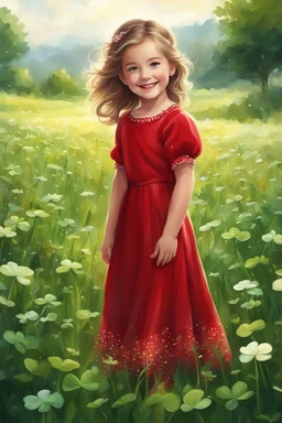 Adorable digital painting of a beautiful little girl in a gorgeous red dress smiling in a field surrounded by clover, high quality