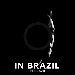 An artistic piece that presents the silhouette of Elon Musk's portrait on a dark background, with the iconic "X" logo of his social network over his face, resembling the forbidden symbol. High contrast black and white photography, using chiaroscuro lighting to create a striking visual effect. The text "IN BRAZIL" below the image.