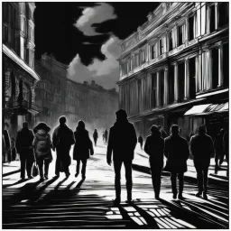 woman in the midle of a peatonal walk in e great city; behind her, unfocaused, other people walking, realism, black and white