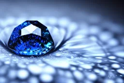 Blue raindrop on a big diamond, black backround , close up view, photo quality, ultra realistic