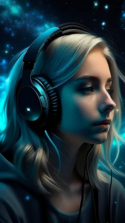 beautiful girl with blond hair dreaming of a galaxy world with some dark rain and 4d angle and some headphone