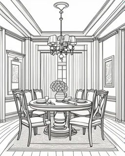 illustration of a formal dining room in a coloring book page, thick lines, no shading, simple and clean line art, vector, raw, low detail, monochrome, black and white, outline
