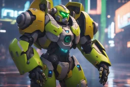 orisa in 8k anime cgi artstyle, overwatch them, neon effect, close picture, rain, apocalypse, intricate details, highly detailed, high details, detailed portrait, masterpiece,ultra detailed, ultra quality