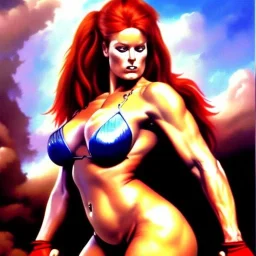 Epic full body portrait of busty atletic young beautiful Red Sonja fighting a Gorilla Boris Vallejo styles