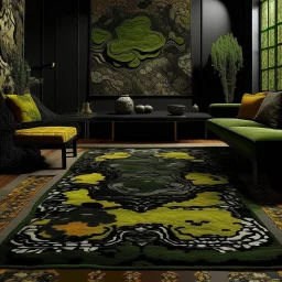 An olive green and black kingdom surrounded in lava designed in Moroccan rug art painted by Karl Wiener