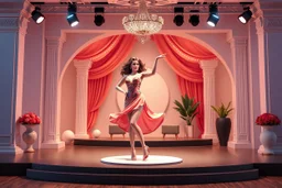 3d recusive stage with modern 3d structre and modern decoration a godoss lady dancing salsa with cute ,the background is evolving and animating