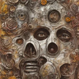 an abstract painting of rusted metal and flowers, by anselm kiefer and lucian freud, rust, scaffolding, iron cladding, decay, mixed media, textured, anatomically correct, beautiful perfect face, sharp focus, highly detailed