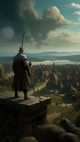 Bosch nightmares paining style Title:a giant man looks like a hero holding a big sword , atop view of a village , 8k artistic photography, photorealistic concept art, soft natural volumetric cinematic perfect light, chiaroscuro, award-winning photograph, masterpiece, oil on canvas, Raphael, Caravaggio, Greg Rutkowski, people, beksinski, Giger