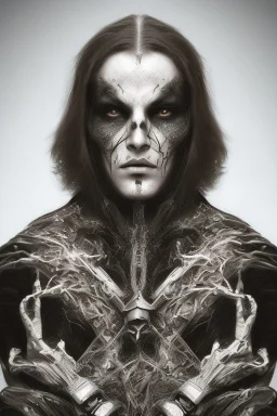 Symmetric portrait of a man with black metal facepaint , looking like Seth Siro Anton