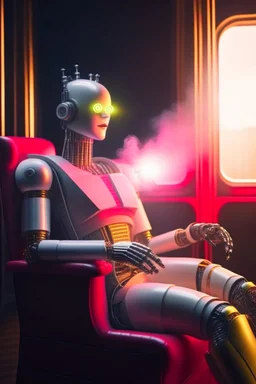 portrait of enlightened robot awake while dreaming, holding lotsa phones chatbot smoking a sigar on a throne in a fast bullet train , smoke, 4k, downlight, soft light, depth of field, photorealism, trending on art station