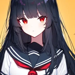 Clear focus, High resolution, long black fluffy hair, red eyes, chopped bangs, wearing a sailor uniform, wearing a sailor skirt, colorful, hollywood, female, no outlines, extreme close up, rough line sketch