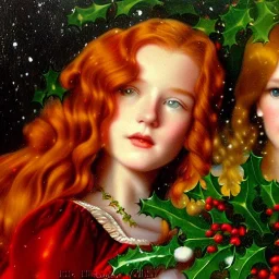 young Cintia Dicker and teen Robyn Lively, beautiful faces, meticulously detailed red hair; Christmas sleigh, horses; ethereal fantasy maximalist matte painting. Hues of Christmas. Hideo Kojima. realistic oil painting. Victorian era portrait painting, snowflakes, holly, pinecones, old fashioned, vintage, antique, beautiful, renaissance, 16k