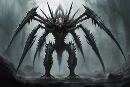 A roughly humanoid entity three meters in height, with a carapace made entirely of a metal resembling chrome steel. It has four arms, with the lower pair being slightly shorter than the upper pair, and four hands tipped with scalpel-like fingerblades. Its body is covered with an array of blades and thorns, including a large curved thorn on its chest, a curving blade on its forehead, another higher up on its head, and rosettes of thorns around its limb joints.