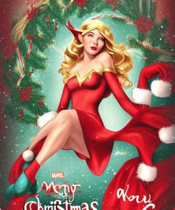 woman elve. Christmas scene. poster. marvel comic. low-key