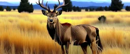 regal pose of Elk in a prairie field, wild grasses and bushes in corners of foreground