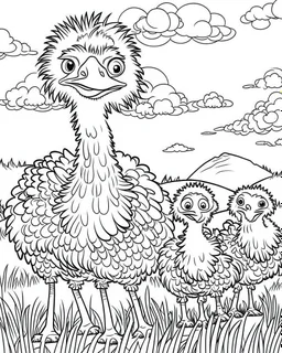 create a 2d black outline, "safari smiling cartoon Ostriches coloring book for toddlers", coloring page, low details design, black contour, coloring page design, simple background, colorful , card style, coloring page for kids, white background, sketch style, safari landscape, cartoon style