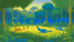 An oil painting by Moebius and Seurat of people practicing yoga surrounded by a lush vegetation and wild animals.