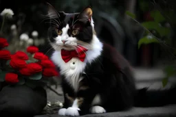CAT WITH WHITE SHIRT AND RED BOW TIE IN THA FANTASY GAalb negru ,,,numai schitaRDEN WITH FLOWERS desen
