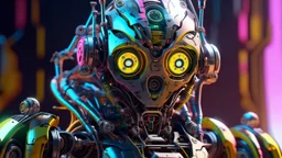 a beautiful full frame portrait digital painting of futuristic gaspunk robot, wide angle view, close-up, macro lens, centered camera, titanium accents, intricate details, small minutiae, tiny features, particulars, colorful, 8k, least ambient occlusion, volumetric lighting, volumetric clouds