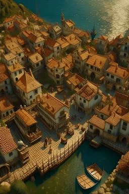 Village du moyen age a cote de la mere avec des habitant fantastique vu de haut