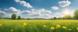 Beautiful meadow field with fresh grass and yellow dandelion flowers in nature against a blurry blue sky with clouds. Summer spring perfect natural landscape