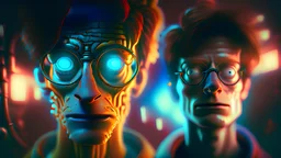 fry and bender. 4k, highly detailed, ultra realistic cinematic lighting, 8k, vivid and colorful lighting, surreal photography, portrait.