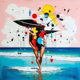 Eclectic Surrealist Fusion, acrylics, beach, double exposure, Tanguy, Miró, stylish