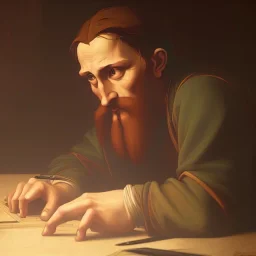 leonardo da vinci works in his study on a laptop at his desk. painting in photoshop. hyperdetailed, warm colors, movie poster, photoillustration, oil on canvas, lens flare