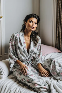 a supermodel in designer sleepwear sitting on bed for magazine cover photoshoot