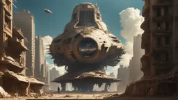 A small, wide, squat Spaceship in a ruined alien city, surrounded by tall damaged buildings, clear blue sky, small white clouds, photorealistic