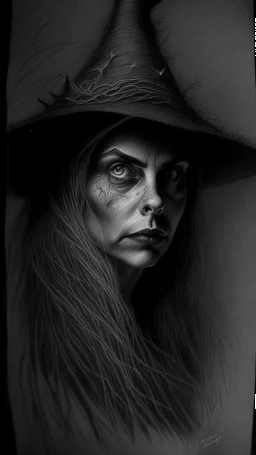 pencil drawing of witch, Spooky, scary, halloween, realistic, black paper